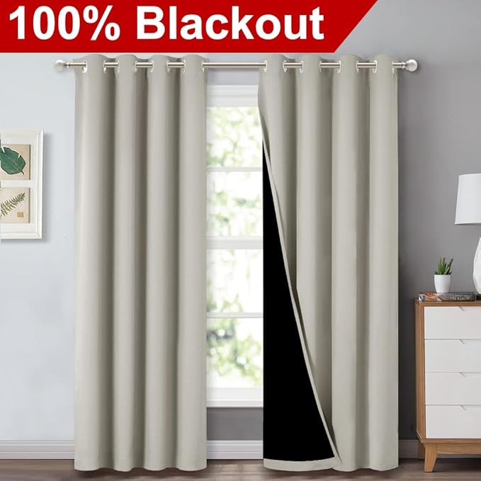 NICETOWN 100% Blackout Window 84in Curtain Panels, Cold and Light Blocking Drapes with Black Liner (Natural, 2 Pieces, 52 “ Wide per Panel) | 100% Blackout Cold Light Blocking Drapes with Black Liner, Thermal Insulated Noise Reducing Room Darkening Hom...