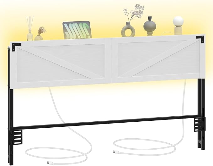 MAHANCRIS King Headboard with Charging Station, LED Light and Storage | Farmhouse Wooden Bed Head with Bed Frame Adapter LED Adjustable Brightness and Color Modes Easy Assembly White