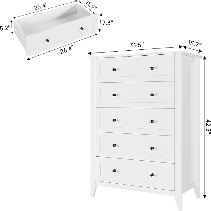 Garvee 5 Drawer Dresser for Bedroom, Modern Tall Chest of Drawers with Metal Knobs, Wooden Clothes Storage Organizer for Closet, Nursery, Living Room, Apartment, White | Lacquered Finish, Metal Knobs, Clothes Storage Organizer for Closet, Nursery, Livi...