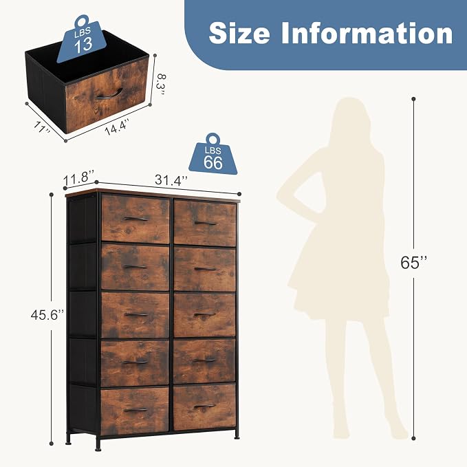 DUMOS 10 Drawer Dresser for Bedroom, Storage Organizer Chest of Drawers | Wide Fabric Closet Organizer Tower Furniture with Wooden Top Metal Frame, Dorm, Brown