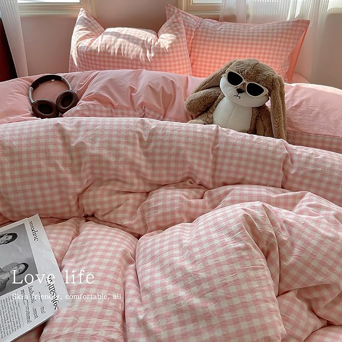 Nayoroom Gingham Duvet Cover Twin Reversible Pink Plaid Checkered Bedding | Soft Breathable Washed Microfiber, All-Season Comfort, Hidden Zipper, 4 Corner Ties, Coquette Modern Farmhouse, Dorm Bedding