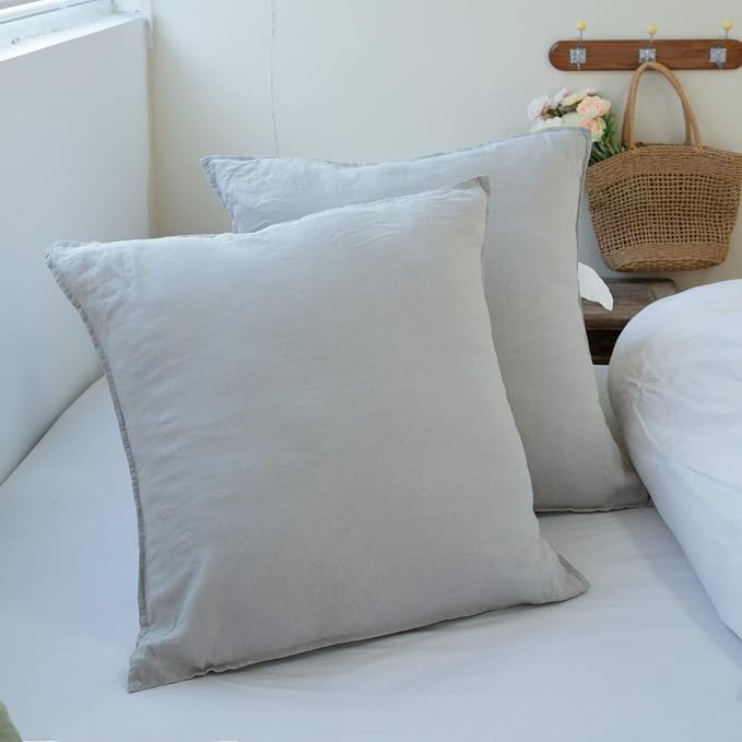 Simple&Opulence 100% Washed Linen Euro Shams 26'' x 26'' Pack of 2, Basic Style Solid Color Natural Flax Farmhouse Decorative Square Throw Pillow Covers for Bed Couch Sofa - Light Grey