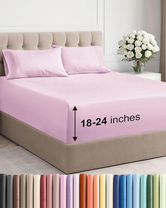Extra Deep Queen Sheet Set - 4 Piece Breathable Cooling Sheets - Light Pink | Easily Fits 18 to 24 inch Mattress - Ultra Soft, Wrinkle & Fade Free with Extra Deep Pockets - Comfy Hotel Luxury Bedding