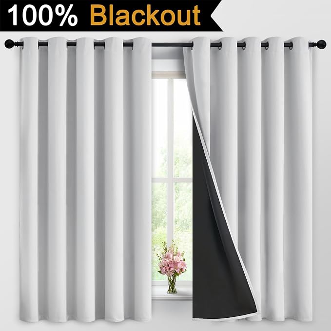 Yakamok Greyish White 100% Blackout Curtains 63 Inches Long, 2 Thick Layers | Blackout Curtains for Bedroom/Living Romm Full Light Blocking Soft Thermal Insulated Drapes for Bedroom 62" Wide Each Panel