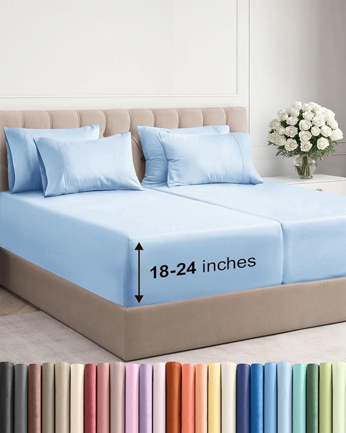 Extra Deep Split King Sheet Set - 7 Piece Breathable & Cooling - Light Blue | Hotel Luxury Bed Sheets Set, Easy & Secure Fit, Ultra-Soft, Wrinkle & Fade Free, Comfy Sheets Set with Extra Deep Pockets