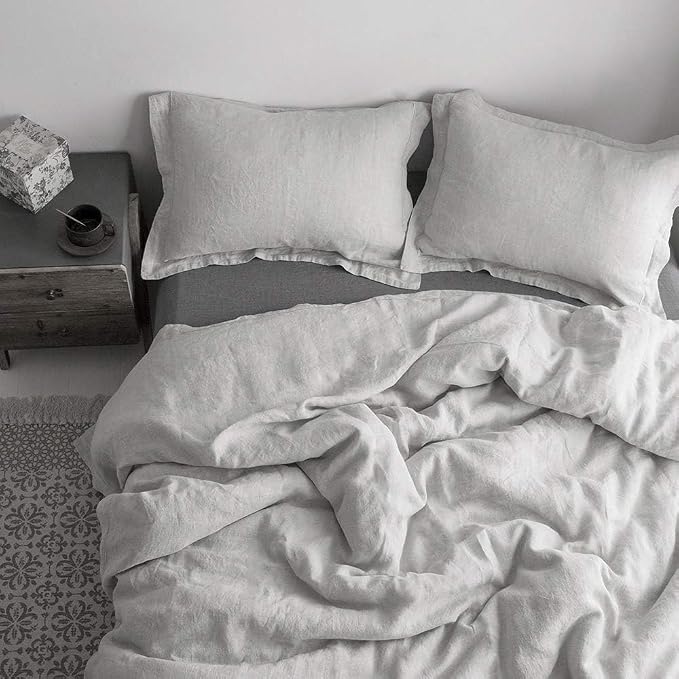 Simple&Opulence 100% French Linen Duvet Cover Set with Embroidered,3 Pcs Washed Soft Farmhouse Bedding Set with Button Closure,1 Comforter Cover and 2 Pillowshams(Queen,Grey)