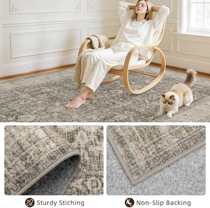 8x10 Area Rugs Living Room: Bedroom Washable Carpet Warm Taupe | Large Vintage Boho Indoor Decor Neutral Soft Nursery Farmhouse Dining Room Office Floor Non-Slip Low Pile Under Table Rug