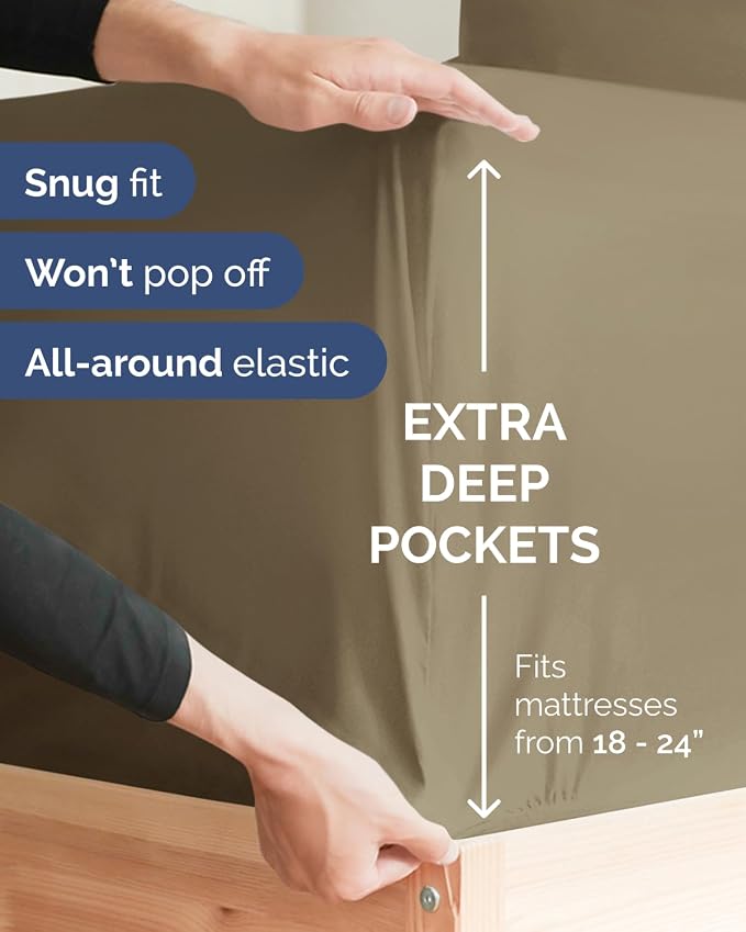 2 Pack Extra Deep Full Fitted Sheets with Extra Deep Pockets - Khaki | Hotel Luxury Bottom Fitted Sheets Only, Soft, Fade & Wrinkle Free, Breathable & Comfy, All Around Elastic Fitted Sheets