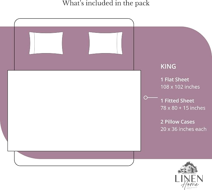 Linen Home 100% Cotton Percale Sheets King Size, Damson Berry, Deep Pocket, 4 Pieces Set - 1 Flat, 1 Deep Pocket Fitted Sheet and 2 Pillowcases, Crisp Cool and Strong Bed Linen