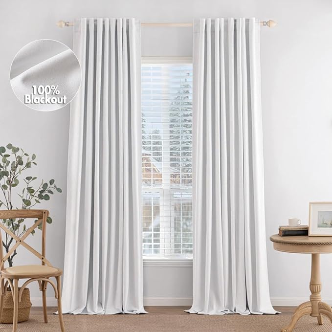 MIULEE 100% Blackout Curtains Linen Curtains & Drapes 96 Inches Long, White | 2 Panels, Full Black Out, Thermal Insulated, Room Darkening Window Curtains for Bedroom Living Room , Back Tab & Rod Pocket