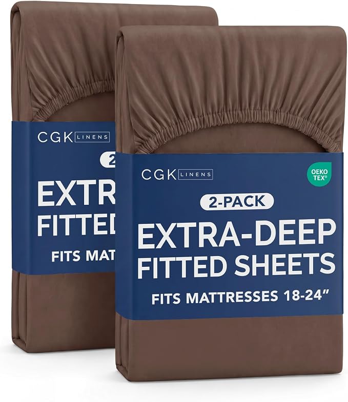 2 Pack Extra Deep Queen Fitted Sheets with Extra Deep Pockets - Brown | Hotel Luxury Bottom Fitted Sheets Only, Soft, Fade & Wrinkle Free, Breathable & Comfy, All Around Elastic Fitted Sheets
