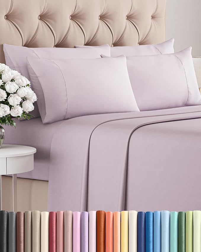 Cal King 6 Piece Bed Sheet Set - Soft & Cooling Sheets - Light Lavender | Ultra-Soft Hotel Luxury Bedding Set with 8-16 Inch Deep Pockets, 1 Flat & 1 Fitted Sheet & 4 Pillowcases, Wrinkle & Fade Free