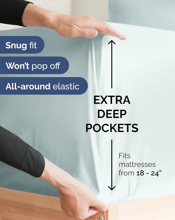Flex Top Split Head King Sheet Set - 4 Piece Extra Deep Sheets - Ice Blue | Easily Fits 18 to 24 inch Mattress, Ultra Soft, Wrinkle & Fade Free with Extra Deep Pockets, Comfy Hotel Luxury Bedding