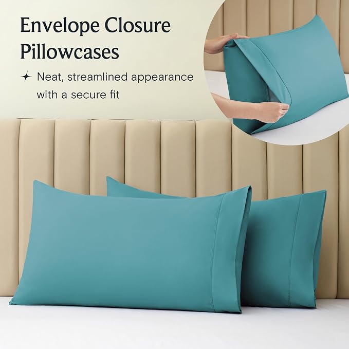 LuxClub 5 PC Split King Sheet Set, Breathable Luxury Bed Sheets, Deep Pockets 18" Eco Friendly Wrinkle Free Cooling Sheets Machine Washable Hotel Bedding Silky Soft - Teal Split King | LuxClub Silky Fitted Sheet & Pillowcase Sets, Breathable Hotel Luxu...