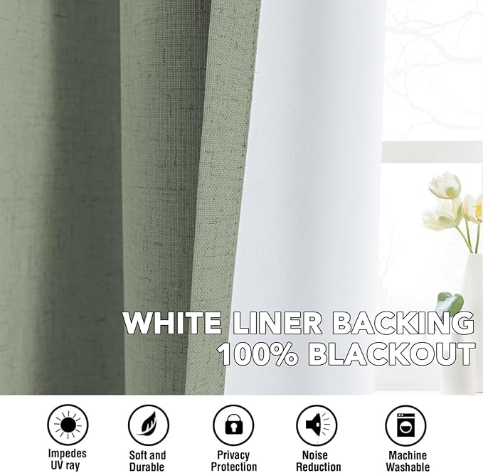 H.VERSAILTEX Linen Curtains 100% Blackout Curtains for Bedroom 84 inch Long Full Light Blocking Nature Linen Blended Window Curtains for Living Room Nickel Grommet (2 Panels, Heathered Dried Sage)