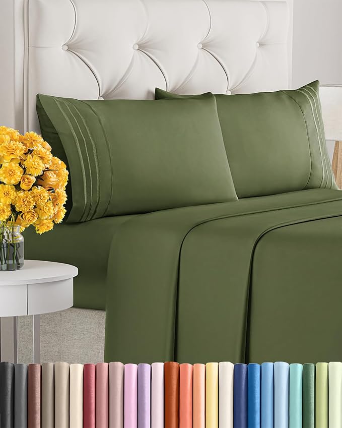 Cal King Size 4 Piece Sheet Set - Ultra Soft & Cooling Sheets - Deep Olive | Fits 8 Inch to 16 inch Mattress, Wrinkle Free & Fade Resistant with Deep Pockets, Breathable, Comfy Hotel Luxury Bedding