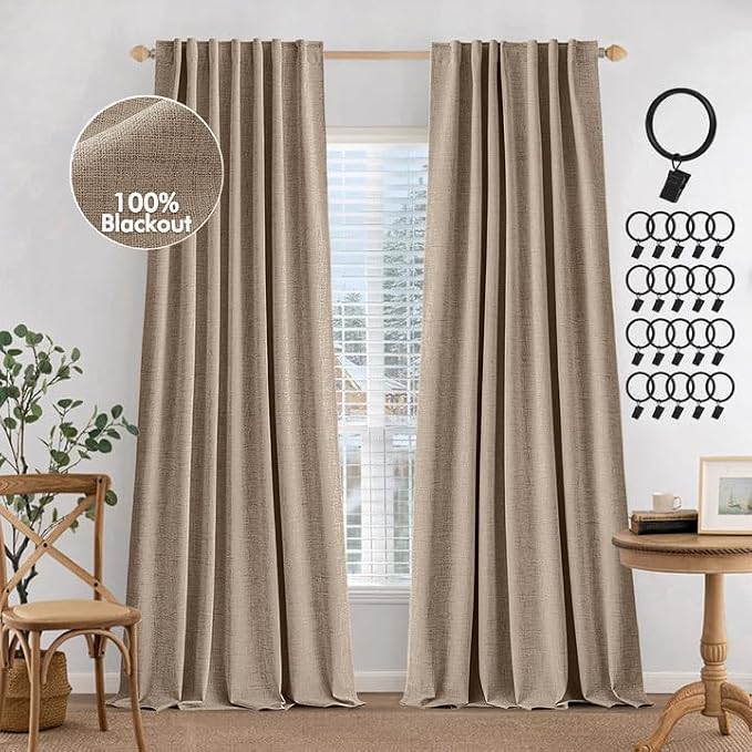 MIULEE 100% Blackout Curtains Linen Curtains 96 Inches Long, Copper Brown | 2 Panels, Full Black Out, Thermal Insulated, Room Darkening Window Curtains for Bedroom Living Room , Back Tab & Rod Pocket