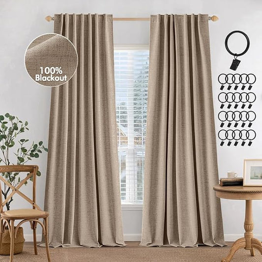 MIULEE 100% Blackout Curtains Linen Curtains 90 Inches Long, Copper Brown | 2 Panels, Full Black Out, Thermal Insulated, Room Darkening Window Curtains for Bedroom Living Room , Back Tab & Rod Pocket