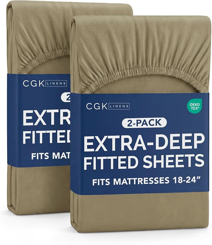 2 Pack Extra Deep Full Fitted Sheets with Extra Deep Pockets - Khaki | Hotel Luxury Bottom Fitted Sheets Only, Soft, Fade & Wrinkle Free, Breathable & Comfy, All Around Elastic Fitted Sheets