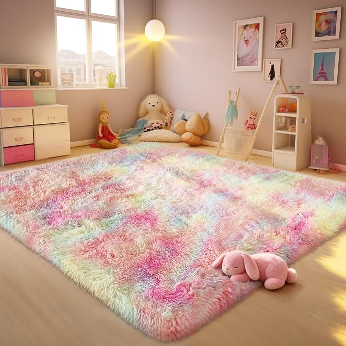 Ophanie 6x9 Rainbow Rug for Bedroom Girls, Unicorn Colorful Fluffy Soft Cute Fuzzy Area Rugs, Shag Plush Shaggy Bedside Floor Furry Carpet for Kids Baby Teen Dorm Nursery Home Decor Aesthetic