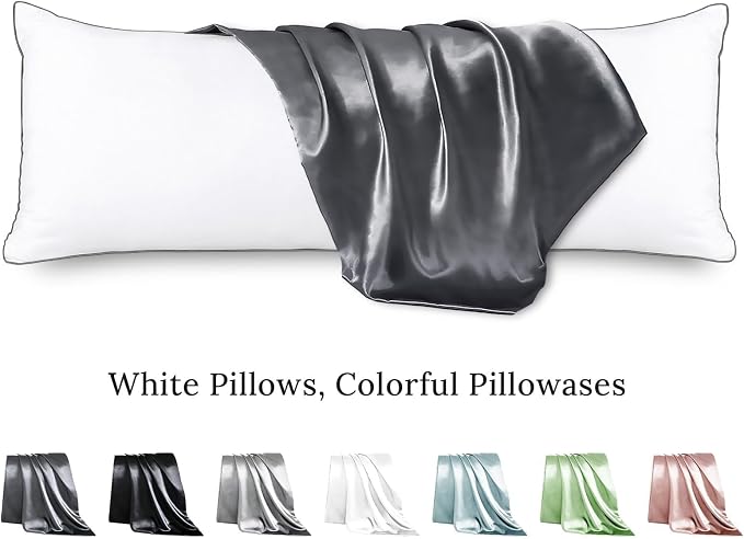 Body Pillow with Satin Pillowcase, Body Pillow for Adults, Grey | 20"x54", Removable Cover, OEKO-TEX Certified Down Alternative Filling,Washing Machine