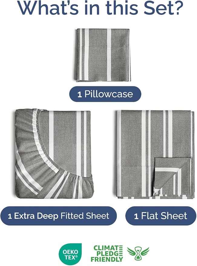 Extra Deep Twin Sheet Set - 3 Piece Breathable & Cooling - Grey Stripes | Easily Fits 18 to 24 inch Mattress - Ultra Soft, Wrinkle & Fade Free with Extra Deep Pockets - Comfy Hotel Luxury Bedding