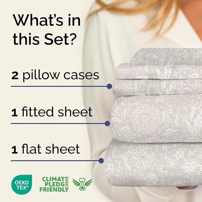 King 4 Piece Floral Sheet Set - Soft, Breathable & Cooling - Beige Floral | 1 Flat, 1 Fitted & 2 Pillowcases w/ Deep Pockets, Boho Botanical Floral Bedding, Breathable & Cooling, Wrinkle & Fade Free
