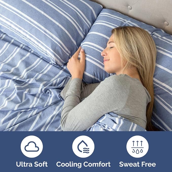 Short Queen Size 4 Piece Bed Sheet Set - RV Short Queen - Blue Stripes | Ultra-Soft, Breathable & Cooling Bed Sheets Set with Deep Pockets, Hotel Luxury Bedding for Women & Men, Wrinkle & Fade Free