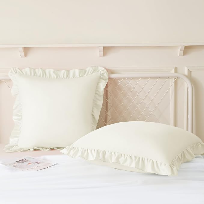 KKJIAF 2 Pack Ruffle Pillow Cases 18x18 Inches, Beige | Square Ruffled Pillow Covers, Microfiber Wrinkle Resistant Pillow Shams with Envelope Closure for Sofa Bed Living Room