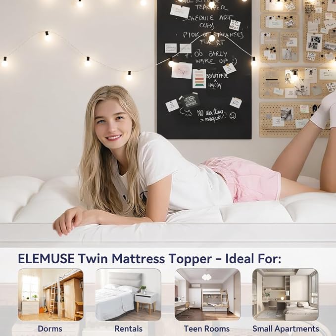 ELEMUSE Twin Mattress Topper, Extra Thick Pillow Top Mattress Pad Cover | Plush soft breathable bed topper for back pain relief, with elastic deep pocket and overfilled down alternative filling