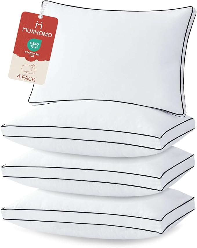 MUXHOMO Bed Pillows King Size Set of 4, Gusseted Sleeping Pillows for Side, Back, and Stomach Sleepers, Hotel Quality, Oeko-Tex Certified Fluffy Supportive Down Alternative Filling, White, 4 Pack