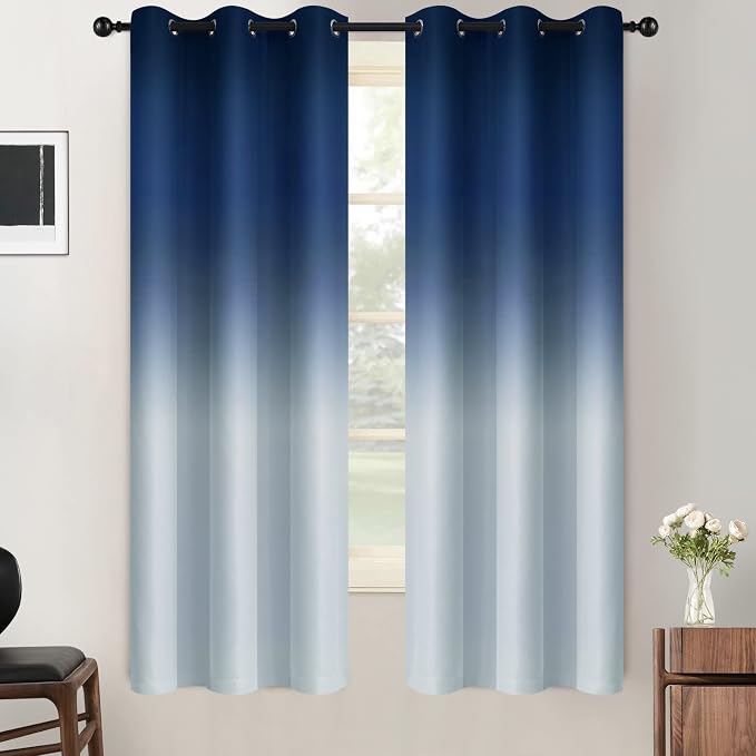 SimpleHome Blue to Grey White Ombre Room Darkening Curtains 63 Inch | Curtains for Living Room,Light Blocking Thick Thermal Insulated Grommet Window Curtains Drapes for Bedroom, 2 Panels,42Wx63L