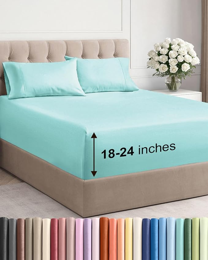 Extra Deep Queen Sheet Set - 4 Piece Breathable & Cooling Sheets - Spa Blue | Easily Fits 18 to 24 inch Mattress - Ultra Soft, Wrinkle & Fade Free with Extra Deep Pockets - Comfy Hotel Luxury Bedding