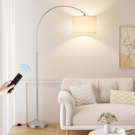 Dimmable Arc Floor Lamp with Remote, Color Temp Adjustable, Silver | Rotating Head, Foot Switch & Remote, Arched Floor Lamp for Living Room Bedroom Office, Over Couch Arched Light,White & Silver