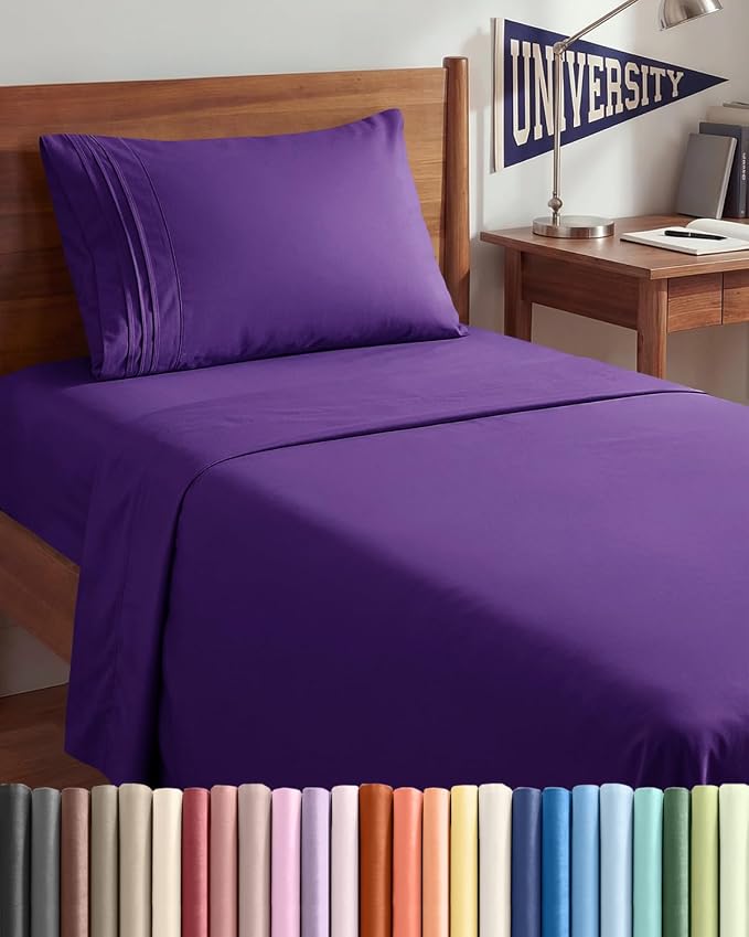 Twin XL 3 Piece Sheet Set - College Dorm Room Essentials - Purple | Deep Pocket Bed Sheets for Women, Men, Teens & Students, Soft, Cooling, Breathable & Wrinkle Free, Oeko-Tex Bed Sheet Set