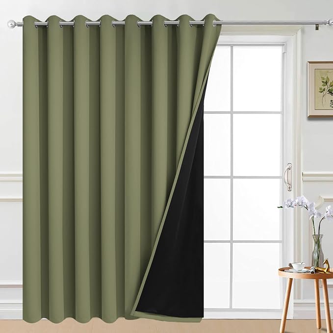Yakamok Sage 100% Blackout Patio Door Curtain Panels W100 x L84,1 Panel | Noise Reducing Barrier Panel for Sliding Glass Door, 2 Thick Layers Heat Full Light Blocking Patio Door Drapery