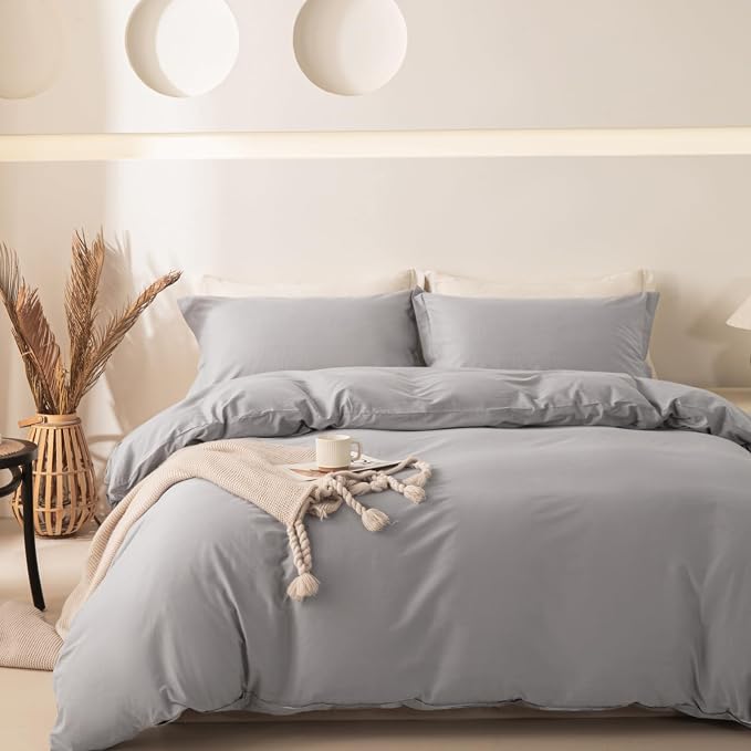 OAITE Duvet Cover Set 100% Washed Cotton Solid 3pcs | Soft,Durable,Long-staple Cotton,Hidden Zipper with 8 Interior Corner Ties,2 Pillowcases,68"X90"