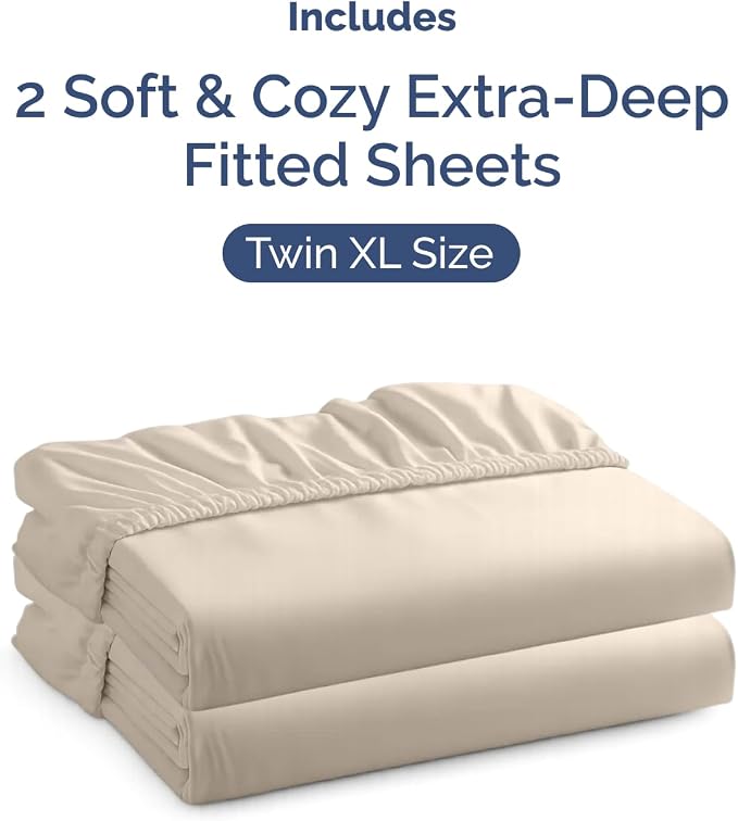 2 Pack Extra Deep Twin XL Fitted Sheets with Extra Deep Pockets - Wheat | Hotel Luxury Bottom Fitted Sheets Only, Soft, Fade & Wrinkle Free, Breathable & Comfy, All Around Elastic Fitted Sheets