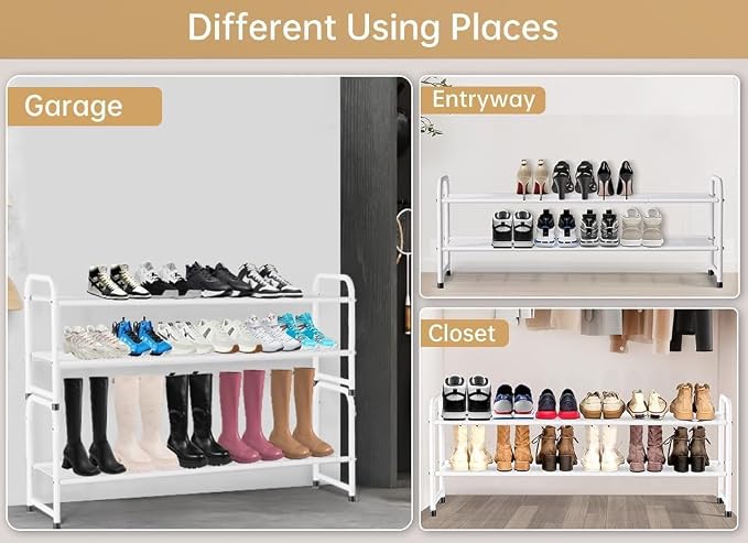 KEETDY 2-Tier Long Shoe Rack for Closet Metal Shoe Organizer for Entryway, Wide Stackable Shoe Storage Shelf with Sturdy Wire Grid for Closet Floor, Bedroom, White
