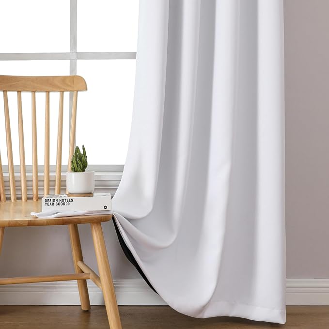 ChrisDowa White 100% Blackout Curtains for Bedroom 63 Inches Long 2 Panels | 2 Thick Layers, Thermal Insulated, Grommet, Window Treatment, Living Room Drapes with Black Liner, Pure White, 60 x 63 Inch
