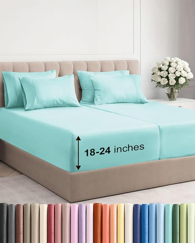 Extra Deep Split King Sheet Set - 7 Piece Breathable & Cooling - Spa Blue | Hotel Luxury Bed Sheets Set, Easy & Secure Fit, Ultra-Soft, Wrinkle & Fade Free, Comfy Sheets Set with Extra Deep Pockets