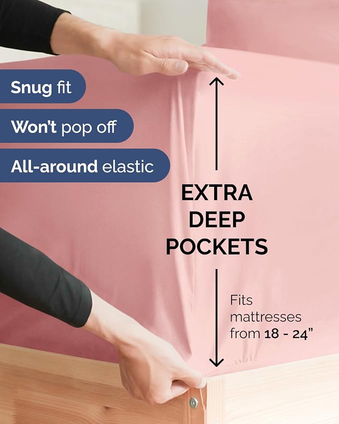 Flex Top Split Head King Sheet Set - 4 Piece Extra Deep Sheets - Baby Pink | Easily Fits 18 to 24 inch Mattress, Ultra Soft, Wrinkle & Fade Free with Extra Deep Pockets, Comfy Hotel Luxury Bedding