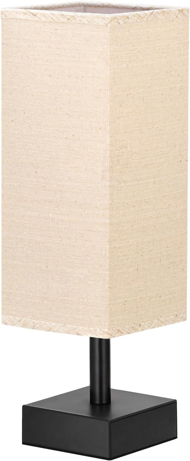 aooshine Small Bedside Table Lamp for Bedroom - Square Beige Fabric Shade | Inline Rocker Switch, Corded Electric, Bulb Not Included, 12.8" Mini Table Lamp for Nightstand, Desk, Dorm, Office