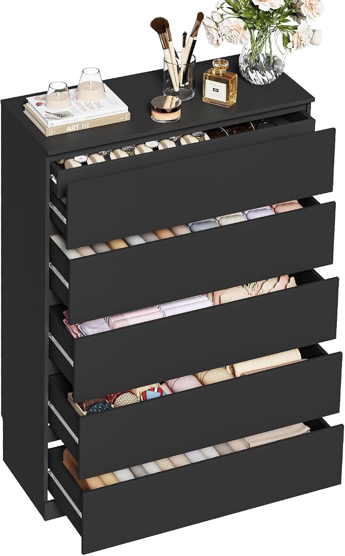 Dresser for Bedroom with 5 Drawers, 14.2" D x 31.5" W x 47.3" H, Black | Modern Chest of Drawers with Hidden Drawer,Wood Storage Dresser, Storage Organizer for Living Room, Closet, Hallway