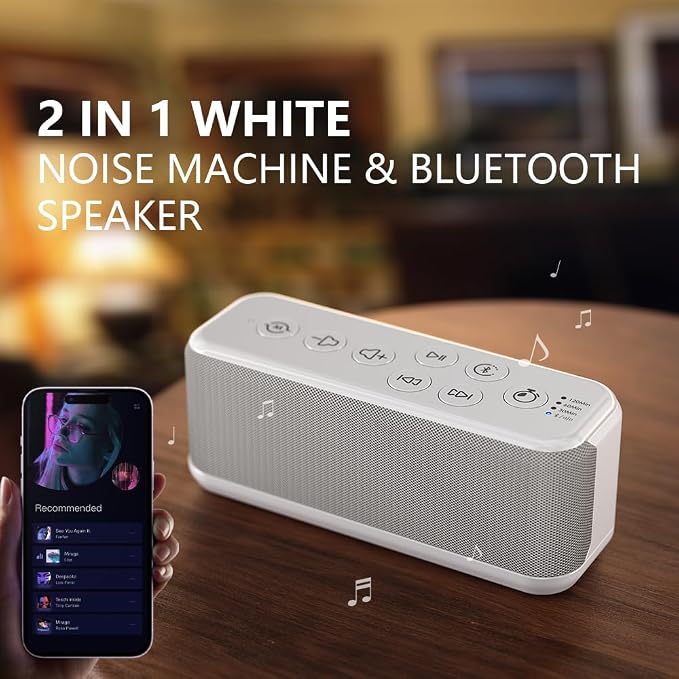 White Noise Machine, Bluetooth Speaker for Sleep, Sound Machine for Office | 15 Soothing Sounds, 3000mAh Battery with Type-C Charging, Auto-Off Timer, 8 Adjustable Volume Levels and Memory
