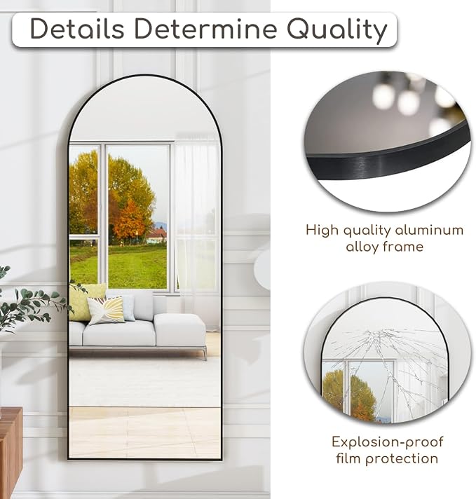 Dewfig Mirror Full Length, 64"X20" Arched Floor Mirror, Black | Aluminum Alloy Frame Full Body Mirror, HD Shatterproof Tempered Glass, Lean/Stand/Wall for Living Room,Bedroom, Dressing Room