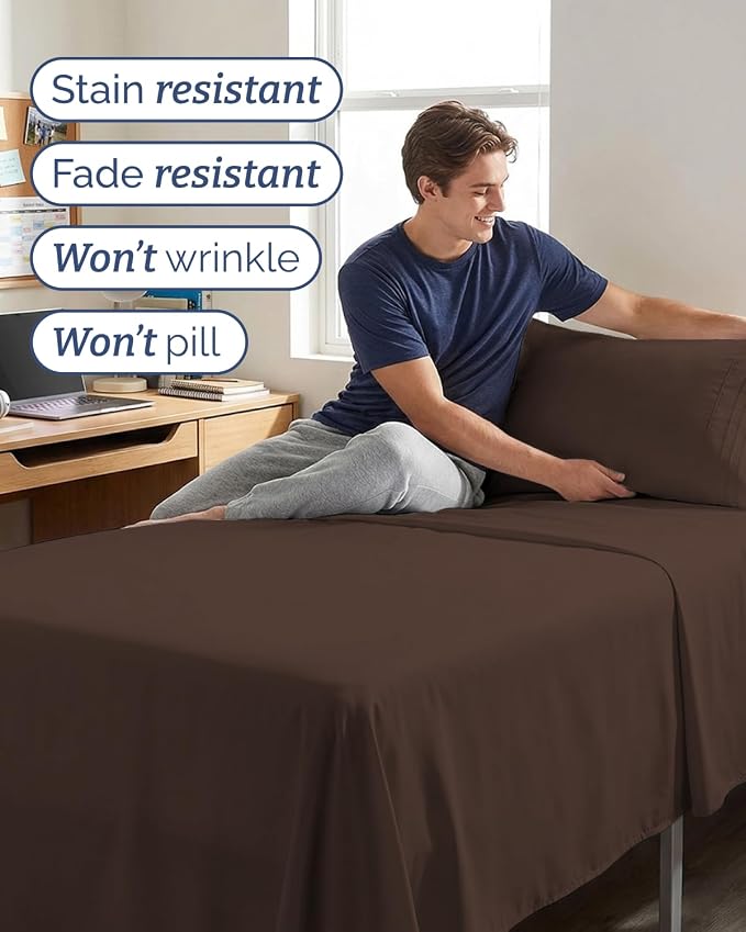 Twin XL 3 Piece Sheet Set - College Dorm Room Essentials - Brown | Deep Pocket Bed Sheets for Women, Men, Teens & Students, Soft, Cooling, Breathable & Wrinkle Free, Oeko-Tex Bed Sheet Set