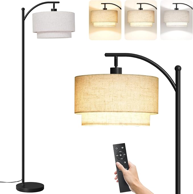 SUNMORY Arc Floor Lamps for Living Room with 12W Remote and Dimmable Bulb | Modern Floor Lamps with Adjustable Double Fabric Shades Shades, LED Lamp, Boho Standing Lamp for Bedroom, Corner, Home Decor