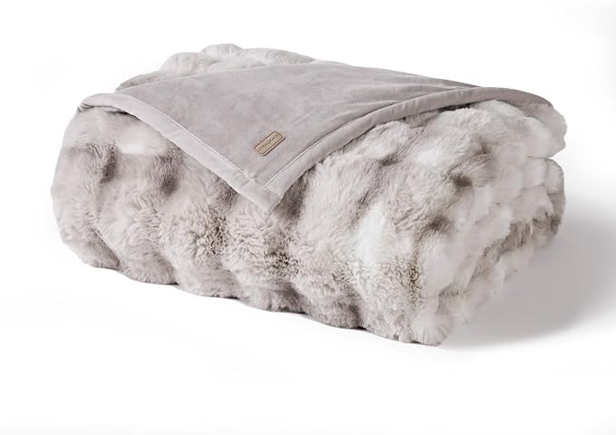 EverGrace Faux Rabbit Fur Bubble Throw Blanket, 60"x80", Light Grey | Ultra Soft, Luxury Faux Rabbit Fur Throw, Thick Warm Bubble Blanket, Cozy Fluffy Reversible, for Bed, Couch, Chair, Sofa