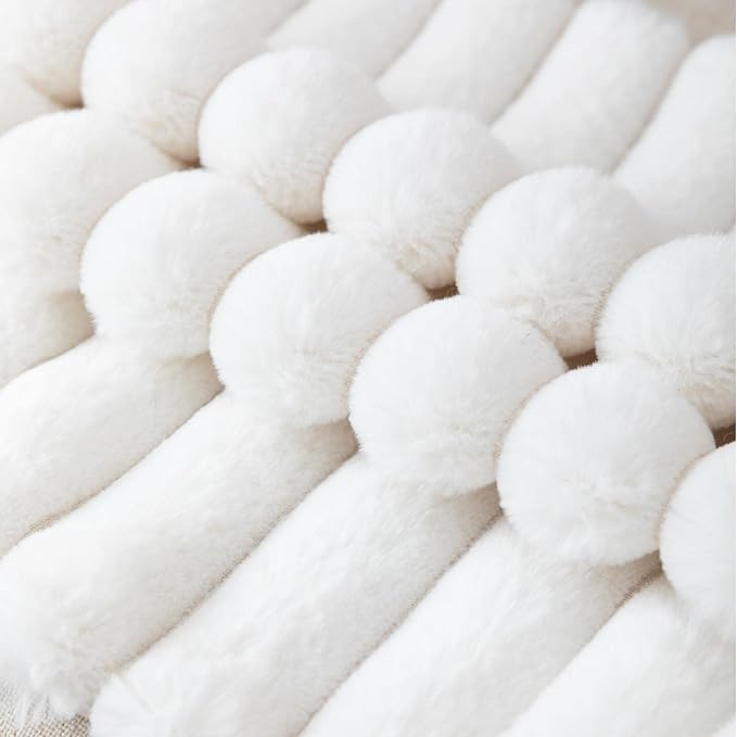 ZLINA Cream White Striped Faux Fur Throw Pillow Covers 16 x 16 Inch | 2‑Pack, boho striped pillow covers,velvet back,fuzzy plush cushion covers , for sofa bed livingroom home decor
